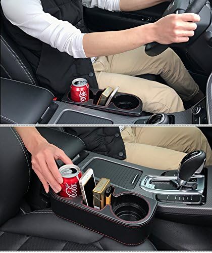 Car Cup Holder, Auto Cup Drink Holders，Multifunctional Auto Front Seat Organizer with PU Leather Cover, Gap Filler Storage Box Coin Bucket Console Side Pocket Cell Mobile Phone Holder (Black) Black