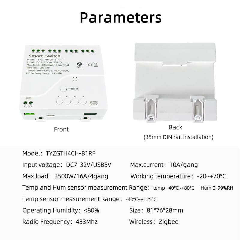 Zigbee Temperature Monitor Controller,4 Channel 12V Tuya app Remote Dry Contact Smart Relay Switch with Waterproof Temperature Sensor Probe(Tuya Zigbee hub needed)