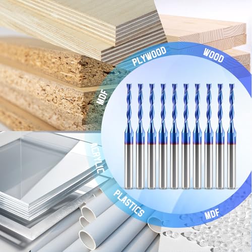 HQMaster CNC Router Bits 1/8" Shank 1/16" Cutting Dia. CNC Bit End Mill Flat Nose Carbide Endmill Two Flute Spiral Upcut Milling Cutter Tool Set for Wood PVC MDF Hardwood 10Pcs