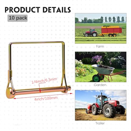 10 Pack 1/4x4 Inch Trailer Coupler Pin Heavy Duty Wire Lock Pin PTO Shaft Locking Hitch Pin Safety Towing Hitch Pin Trailer Accessories for Farm Trailers Wagons Lawn Garden (Gold) Gold
