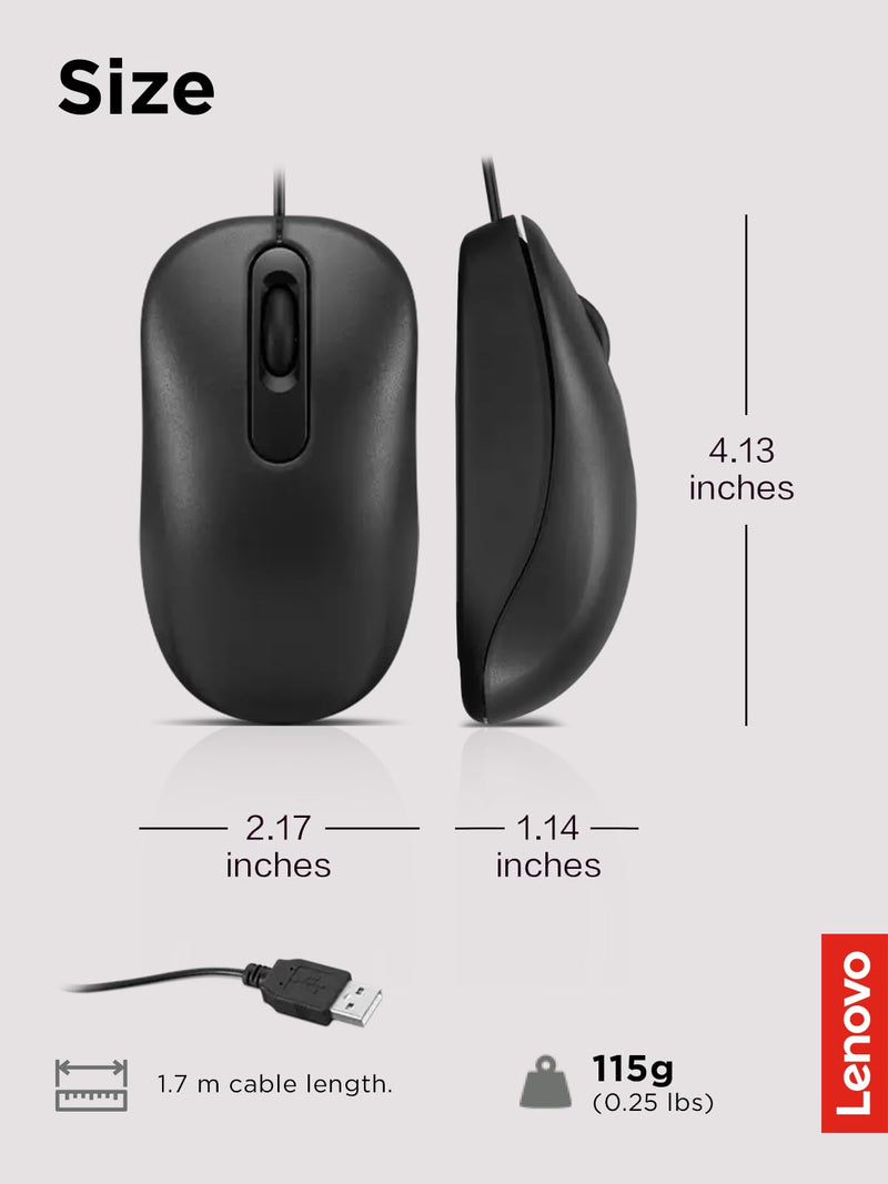 Lenovo 100 Wired USB Computer Mouse for PC, Laptop, Computer with Windows - Full-Size - Ambidextrous Design - 3 Buttons - Red Optical Sensor – Black Black 100