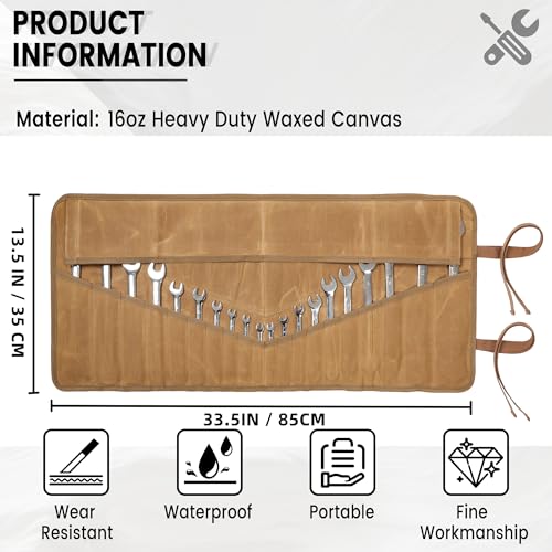 Wrench Roll, Heavy Duty 16OZ Waxed Canvas Tool Roll Tool Bag, Multi-Purpose Small Hand Tools & Wrenches Organizer Holder with 24 Pockets (Khaki) Khaki