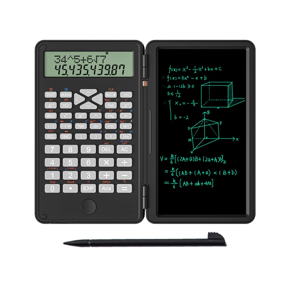 Scientific Calculator with Writing Tablet, Protable Foldable Calculator Notepad 2 in 1 LCD Science Calculator Notepad Professional Financial Calculator for Office Home School Colleage(Black) Black