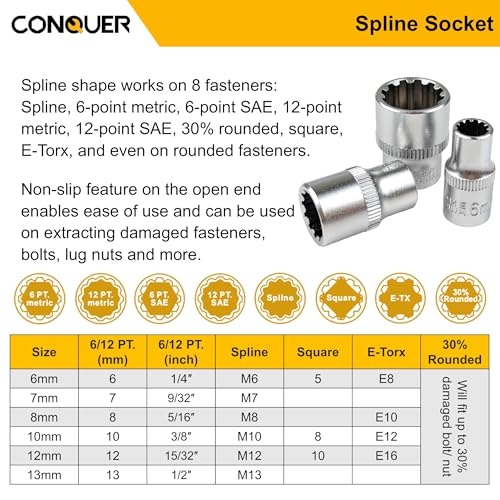 CONQUER 21-Piece 1/4" Drive Mini Ratchet Spline Socket Set, SAE/Metric 21 PC Spline Socket Set