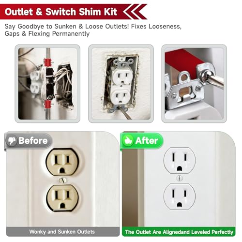 52PCS Outlet Spacer Kit -24 Stackable Spacers - 6 Metal Shims - 6 Cut-to-Size Tubes -16 Long Screws - Perfect Receptacle Shims for Fixing Loose -Sunken or Misaligned Electrical Outlets & Wall Switches Fiery Red