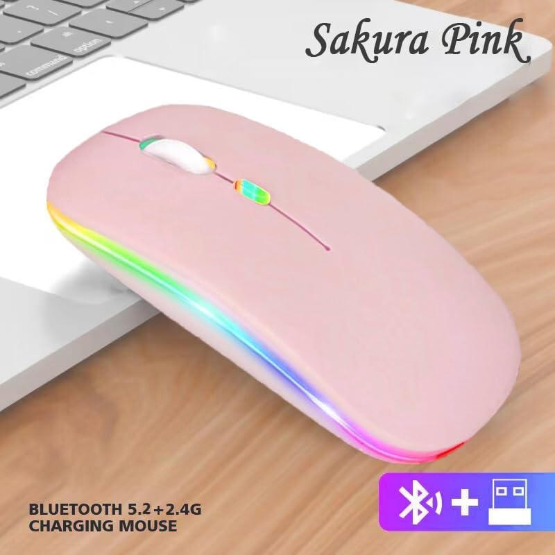 2 Pack Wireless Bluetooth Mouse,LED Dual Mode Rechargeable Silent Slim Laptop Mouse,Portable(BT5.2+USB Receiver) Dual Mode Computer Mice,for Laptop,Desktop Computer,Tablet,Phone,TV (Pink) 2 pack pink