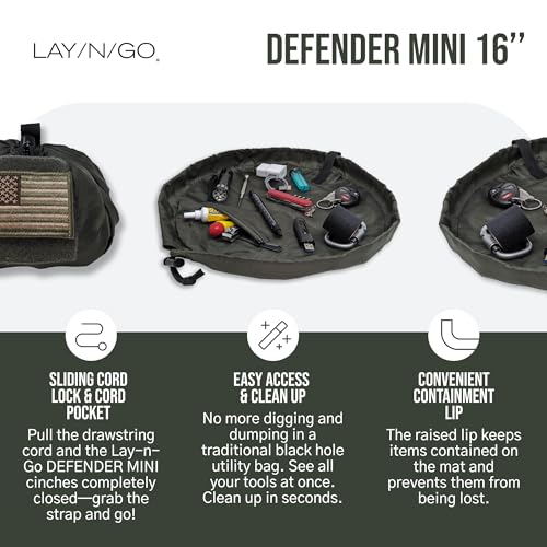 Lay-n-Go Defender Tactical Go Bag - Every Day Carry Lay-Flat Military Style Gear Stash Travel Sack w/Zippered & Mesh Pockets - Water-Resistant, Machine-Washable EDC (16", Combat Green) 16 inch Defender Mini (16")