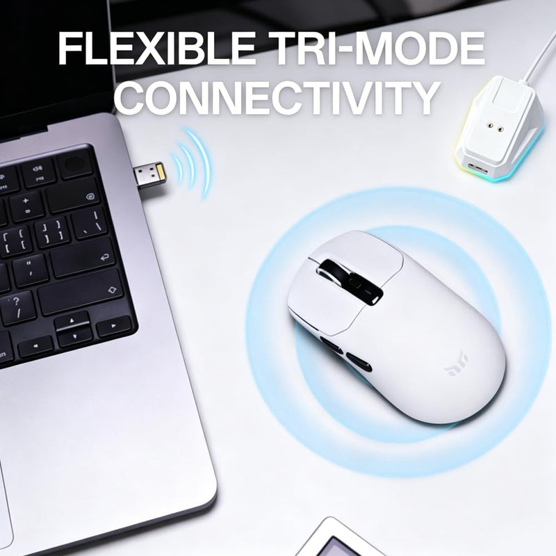 Tyrfing V1 Tri-Mode Wireless Gaming Mouse White | RGB Magnetic Charging Dock, Tri-Mode Wireless (BT/2.4G/USB-C), Ultra-Light 59g Design, USB-C Rechargeable,PAW 3311