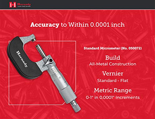 Hornady Vernier Micrometer 050072 - Reloading Equipment for Measuring Diameters & Lengths Up to 1 Inch Range & 0.0001 Inch Accuracy-Reloading Micrometer with Ratchet Stop, Spindle Lock, & Storage Case # 50072