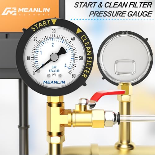 MEANLIN MEASURE 0~60Psi Stainless Steel Start and Clean Filter Pressure Gauge 1/4" NPT Waterproof for Pool Filter Pump Swimming Pool, Spa Lower Mount with Rotatable Plastic Frame and Hex Bushing With adapter