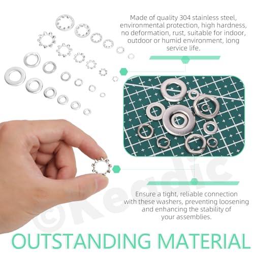 Keadic 400Pcs Split Lock Washer & External & Internal Star Washers and Flat Washer Assortment Kit, 304 Stainless Steel Spring Lock Washers Set- #6,#8,#10,1/4" 5/16" 3/8"(Imperial) Imperial