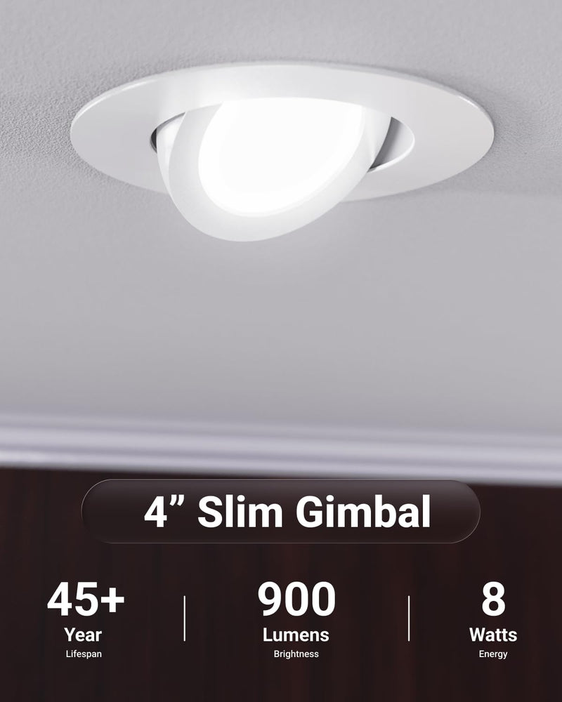 Sunco 4 Inch Gimbal LED Recessed Light Slim, 900LM High Brightness, 2700K/3000K/4000K/5000K/6000K Selectable, 8W, Angled Directional Canless Downlight with JBox - ETL & FCC 4 Pack