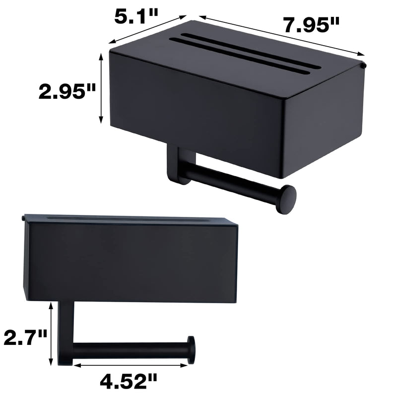 TRUSTMI Toilet Paper Holder with Storage Shelf Phone Standing Tisuse Box Cover Square Bathroom Wet Wipe Facial Organizer Wall Mounted, Matte Black