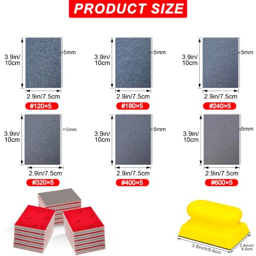 30 Pcs Sanding Sponge Kit,120-600 Grit Foam Wet Dry Washable Sanding Pads with Sanding Block, 3x4 Inch Wet Dry Foam Sandpaper for Wood, Metal,Drywall,Furniture