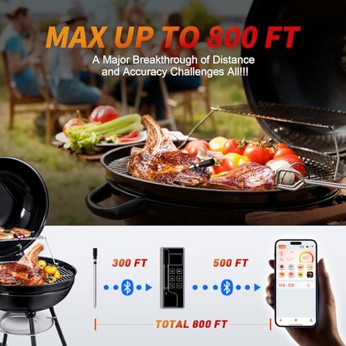Meat Thermometer Digital Wireless, 800FT Long Range Bluetooth Cooking Thermometer, Food Thermometer for Remote Monitoring of Grill, Oven, Smoker, Air Fryer, Rotisserie, iOS & Android App Grey