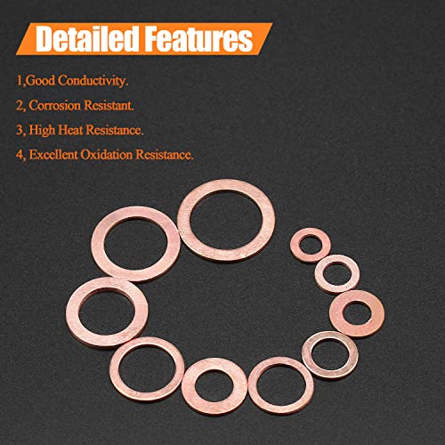 220 Pieces Copper Washers, HELIFOUNER 10 Sizes Copper Metric Sealing Washers, Flat Washers Assortment Kit (M5 M6 M8 M10 M12 M14 M16)