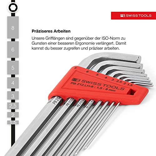PB Swiss Tools Hex Key Set PB 212.LH-8 CN | 100% Swiss Made | 8-Piece Allen Wrench Set Size 1.5-8 mm with Ball End, in Practical Holder Set Contents: 8 pieces