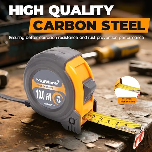 MulWark 30FT Metric Tape Measure, Easy Read Measuring Tape Retractable with Fractions 1/8, Both-Side Metal Blade, Magnetic Hook & Shockproof Case for Construction, Carpenter, Architect, Woodworking 30 ft Yellow-Grey