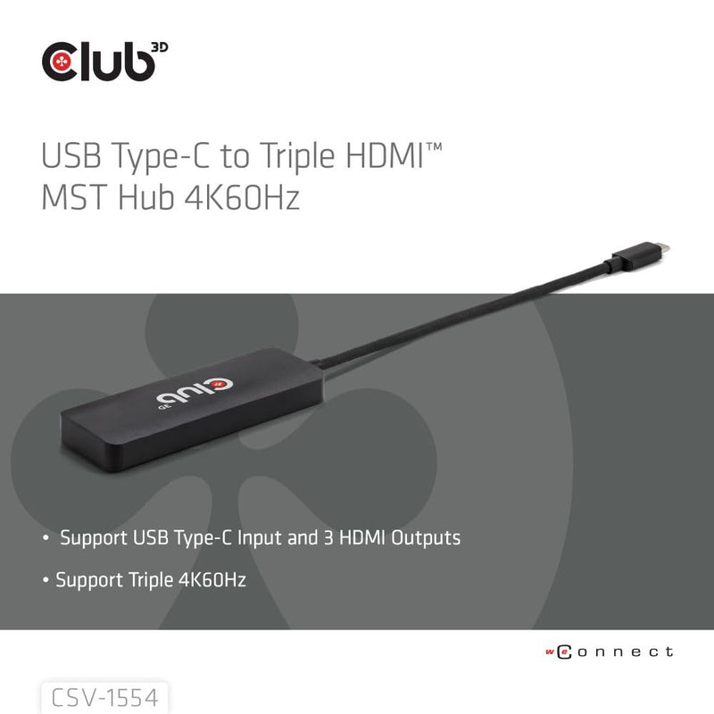 Club 3D CSV-1554 USB Type C(DP Alt-Mode 2.1) to HDMI Triple Monitor 4K60Hz M/F MST hub