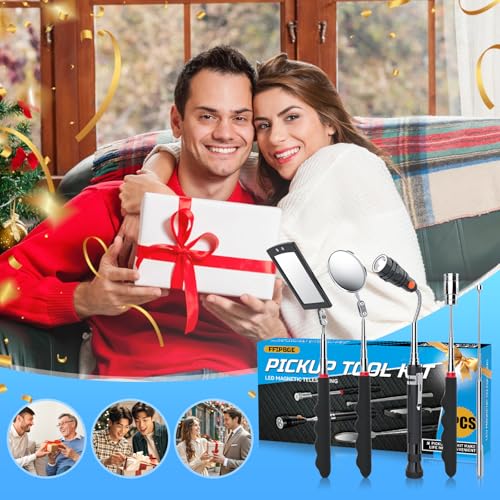 5 PCS Magnetic Pickup Tool Set, 1lb & 15lb Pick Up Rod, Magnetic Flashlight Pickup Tool, Round and Square 360 Swivel Adjustable Inspection Mirror, Mens Gifts for Him, Birthday Gifts for Men Women Dad 5Pcs Tools Set