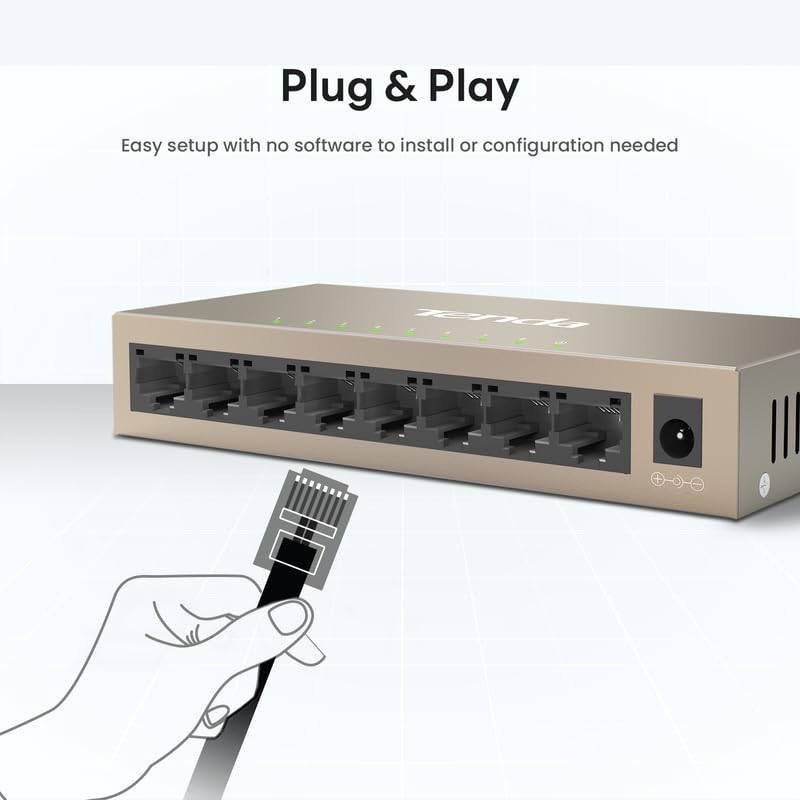 Tenda TEG1008M, 8 Port Gigabit Switch, Unmanaged Ethernet Switch with Traffic Optimization, Plug & Play, Fanless & Metal Design Network Switch Hub, Desktop/ Wall-Mount, Limited Lifetime Protection