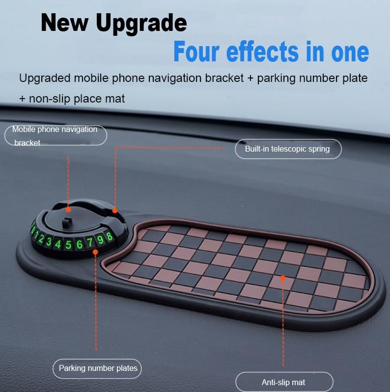 Multifunction Car Anti-Slip Mat, Upgrade Car Anti-Slip Mat Phone Holder with Temporary Parking Number, Rotatable Anti Skid Car Dashboard Pad for Phone Sunglasses Keys (Brown+Gold) Brown+Gold