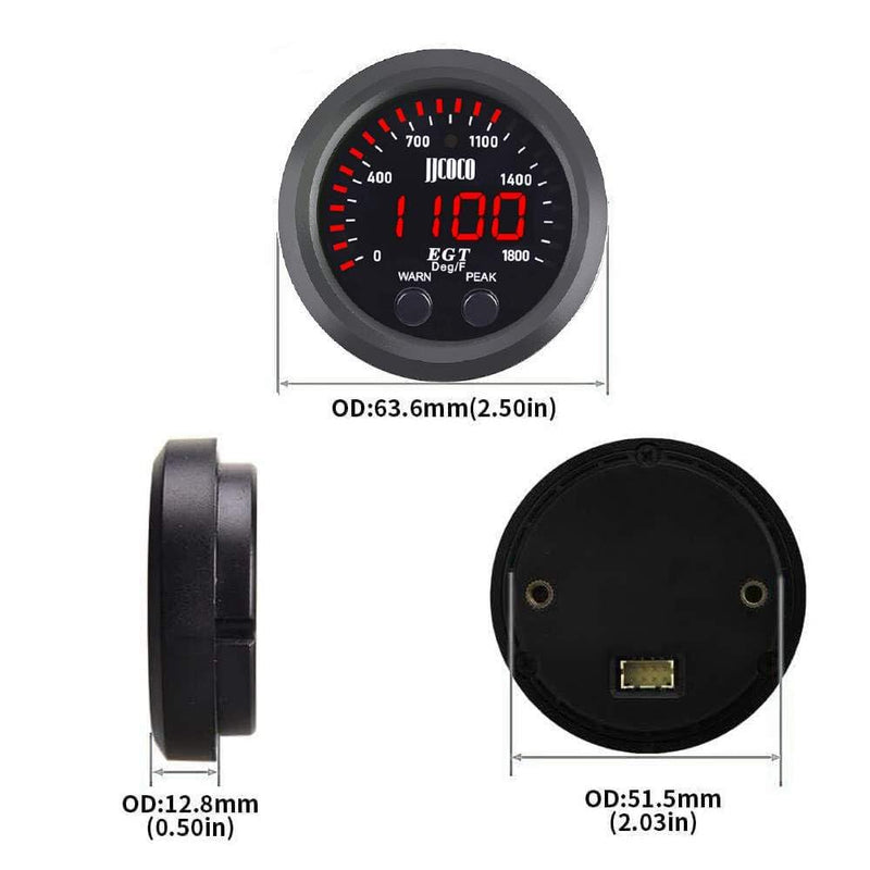 Exhaust Gas Temperature EGT Gauge Kit 2‑1/16in 52mm Ultra Thin 0‑1800℉ Red LED with Sensor and Dashboard Pod