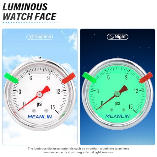 MEANLIN MEASURE 0~15Psi Stainless Steel Liquid Filled Pressure Gauge, 1/8" NPT 1.5" Luminous Dial, Glycerin Filled for Water Oil Air Center Back Mount with 2PCS Snaps 0-15Psi