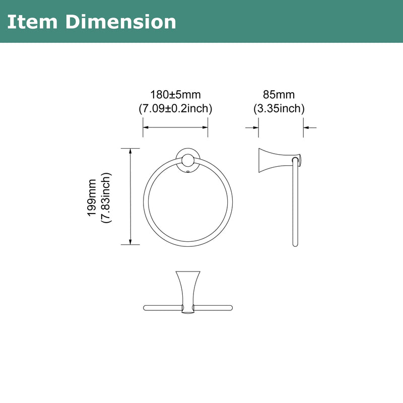 PARLOS Towel Ring Round Closed 7" Diameter for Bathroom & Kitchen | Wall Mount, Brass with Zinc alloy base construction Matte Black