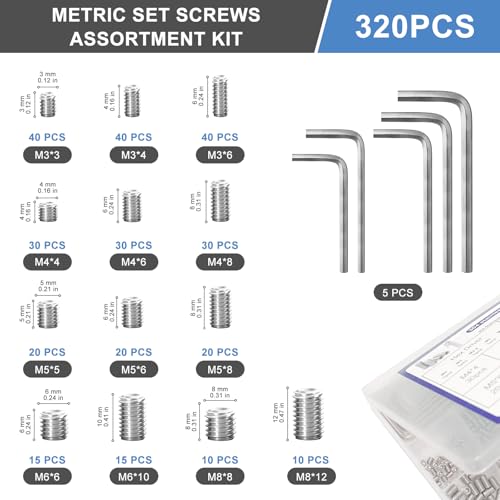 320 Pcs Metric Set Screw M3 M4 M5 M6 M8 Hex Socket Head Multi-Size Kit,304 Stainless Steel Set Screw Assortment Kit, for DIY & Professional Use with Storage Box