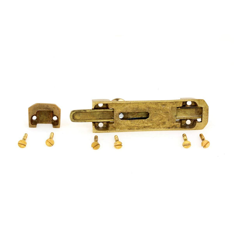 Renovators Supply Manufacturing Door Lock Latch 4.5 in. Brass Slide Bolt Latch with Mounting Hardware 4.5 Inch