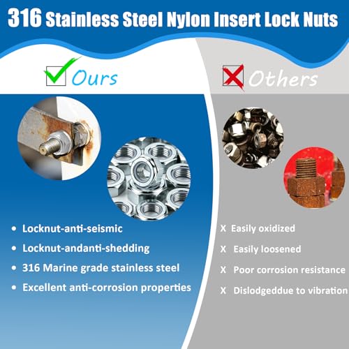 50Pcs 316 Stainless Steel Nylon Insert Lock Nuts Assortment Kit-4 Sizes 50 4Size