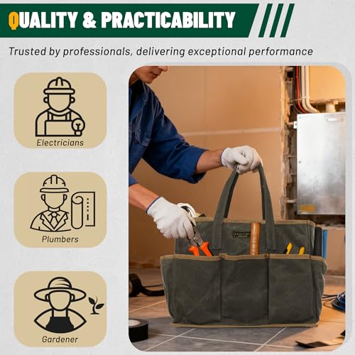 Tool Tote Bag, Heavy Duty 16oz Waxed Canvas Garden Tool Bag | Portable 11-Pocket Tool Storage Bag for Gardener Electrician Contractor Repairman (14"L x 5.5"W x 10.5"H) – Army Green ArmyGreen