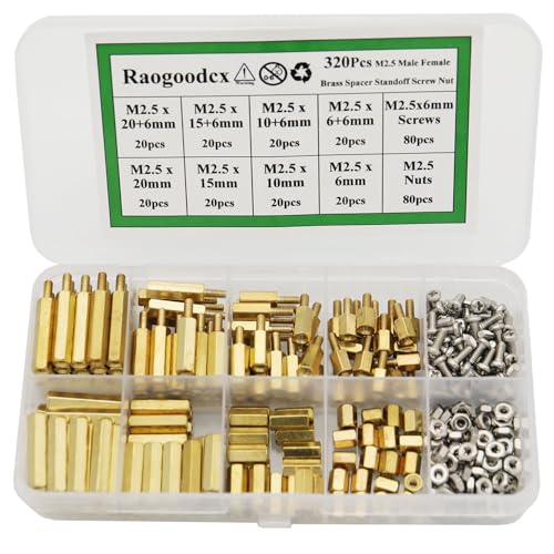 320Pcs M2.5 Male Female Brass Spacer Standoff Screw 6mm 10mm 15mm 20mm Nut Assortment Kit Brass M2.5