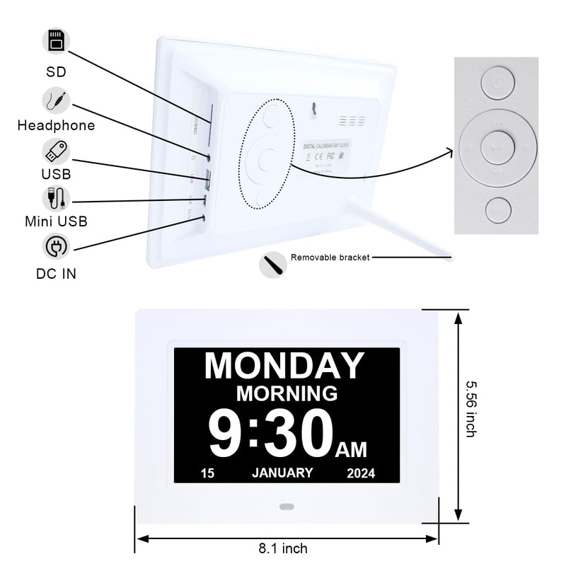 7 Inch Extra Large Day Date Time Digital Day Calendar Clocks with Auto-Dimming 12 Alarm Reminders Dementia Clock for Senior Elderly impaired Vision Memory Loss 7.1 inch white