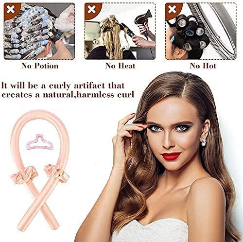 Heat Free Curling Headband with Hairpin, Soft Headband for Night No Heat, Satin Curlers for Short and Long Hair, Heat Free Curls (Pink)