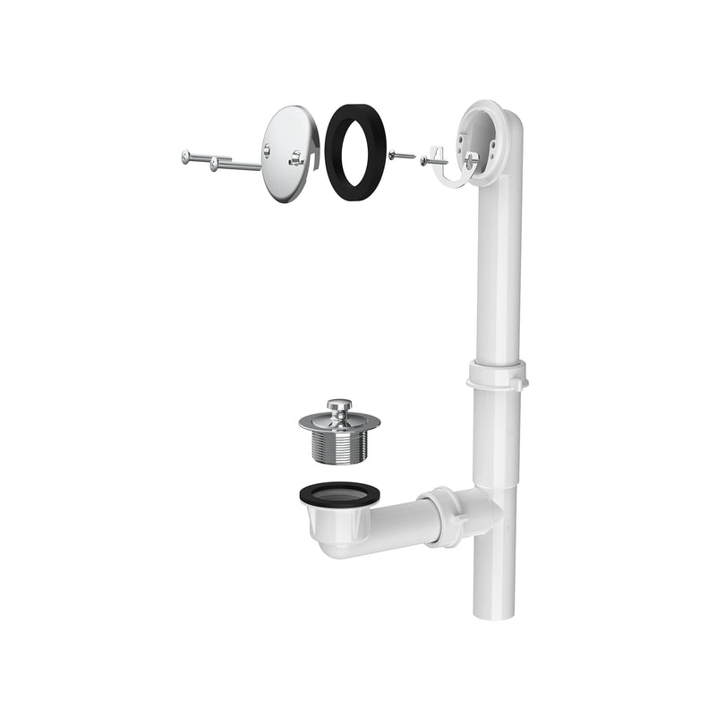 1-1/2"" White Tubular Bath Drain Kit with Lift and Turn Bath Drain Stopper, Lift and Turn Bathtub Drain Waste and Overflow with Plug and Bathtub Overflow Drain Cover (Plated Chrome) Plated Chrome