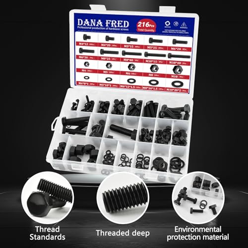216pcs Black Nylon Hex Screw Nut Washer Kit,M4 - M10 Black Plastic Hexagonal Nuts and Washers for Micro Controller Board Building,Insulate or Fasten PCB Board Metric Thread Machine Bolts