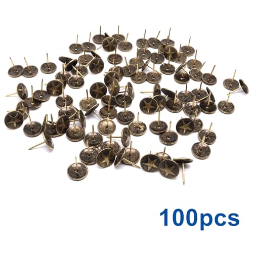 100pcs Upholstery Tacks, Decorative Nails Thumb Tacks Round Metal Upholstery Nails for Wood Upholstery Pins Retro Furniture Tacks (16x20mm, Star Bronze) Φ16x20mm