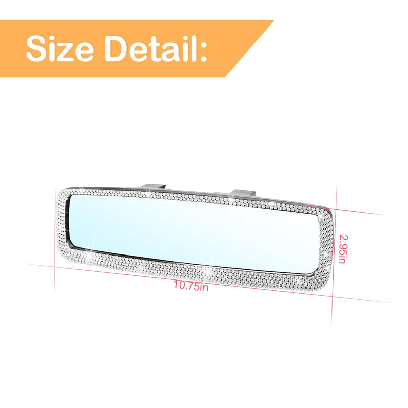 Bling Car Rearview Mirror, Decorations Rear View Mirror with Crystal Rhinestones & Diamonds, Car Interior Trim Accessories, Clip-on & HD Glass, Sparkly Gift for Mother Women Girls (Silver) Silver