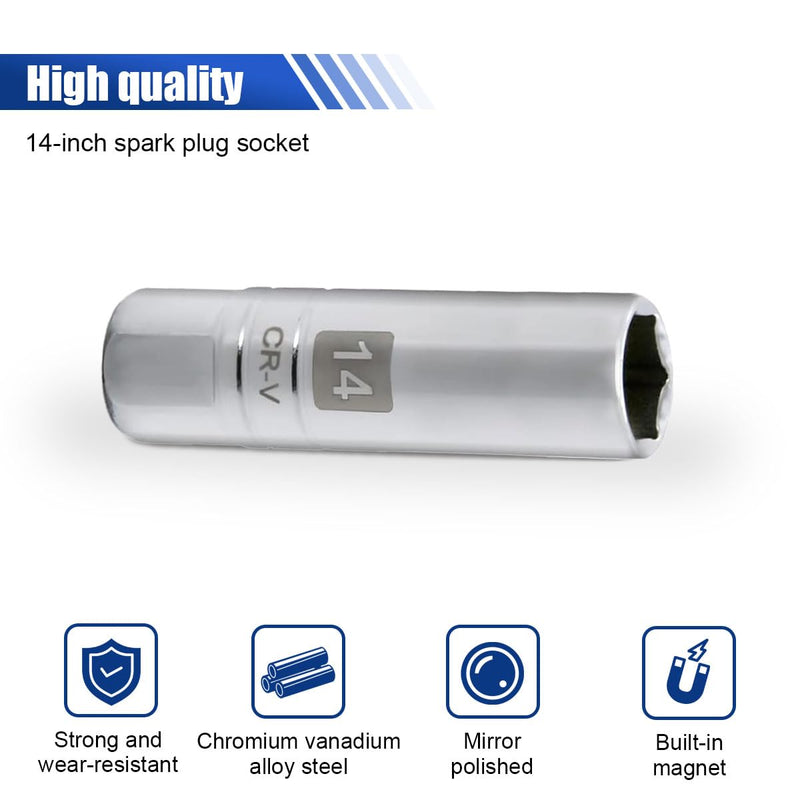 1PCS Magnetic Spark Plug Socket, Powerful Magnet Retains Spark Plugs, Chrome Vanadium Steel Spark Plug Socket (14mm) 14mm