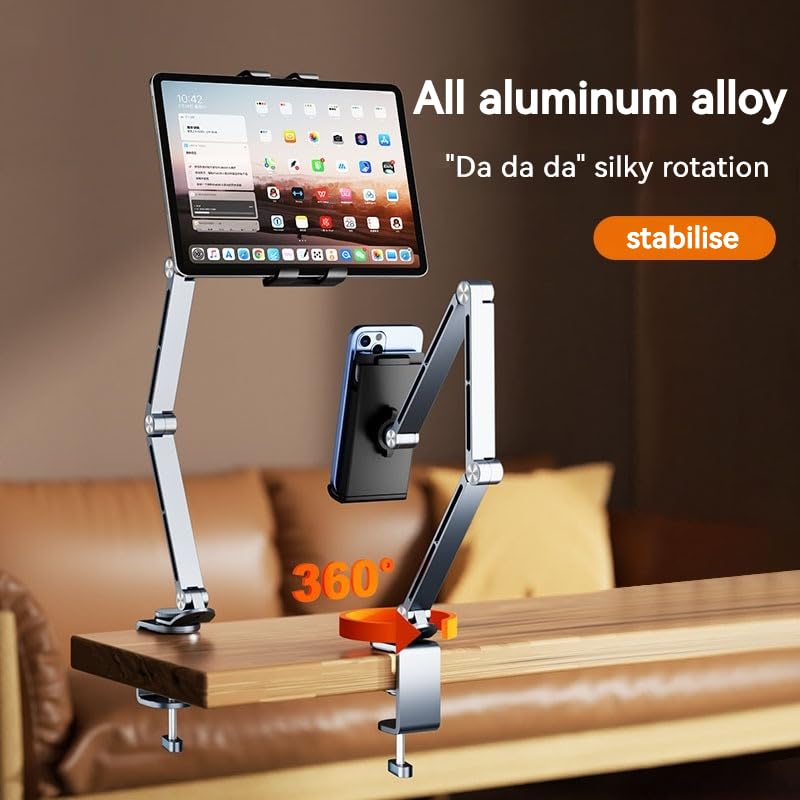 Rotatable Holder Stand Tablet Holder Multi-Angle Design Phone Clip Swivel Mount Desktop Aluminum Alloy Cantilever Bed Desk Home Live Folding Bracket Compatible with 4"-13" Phone Tablet (Silver) Silver