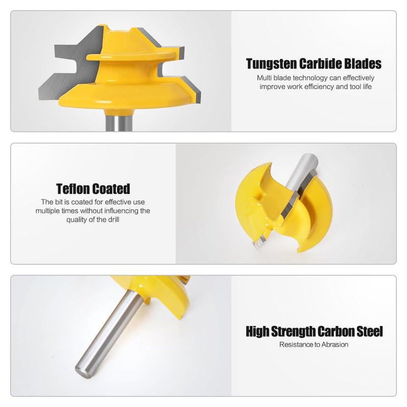 45 Degree Lock Miter Router Bits 1/4" Shank 3Pcs, C3 Carbide Set | 3 piece lock miter set, 1/4 inch shank, C3 tungsten carbide, 3/4 to 1-1/8 inch stock, cabinet joints, seamless corners 1/4inch Shank 3-Bit Set