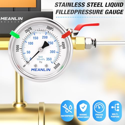 MEANLIN MEASURE 0~5000Psi Liquid Filled Pressure Gauge Stainless Steel 1/4" NPT 2" FACE DIAL for WOG Water Oil Air Center Back Mount, with Hex Bushing and 2PCS Snaps 0-5000Psi