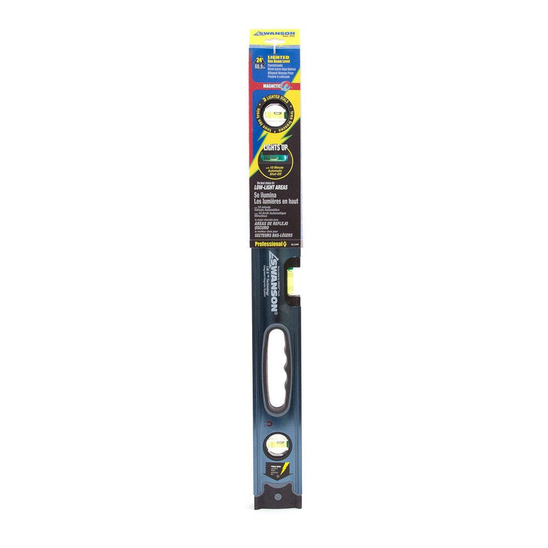 Swanson, BLL24M, 24 Inch Lighted LED Magnetic Box Beam Level with 3 Bubble Vials for 0°/90°/45° Measurements - Pro Series Industrial, Durable, Functional, Versatile 24 inches Magnetic