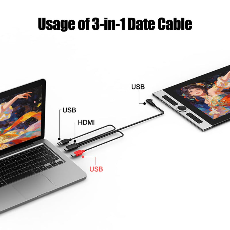 3 in 1 Cable Suitable for xppen Artist 12, Artist 10/12/13/16 2nd, Artist Pro 14(Gen2)/16(Gen2), Artist Pro 16, Innovator 16, for Drawing Tablet Pen Display