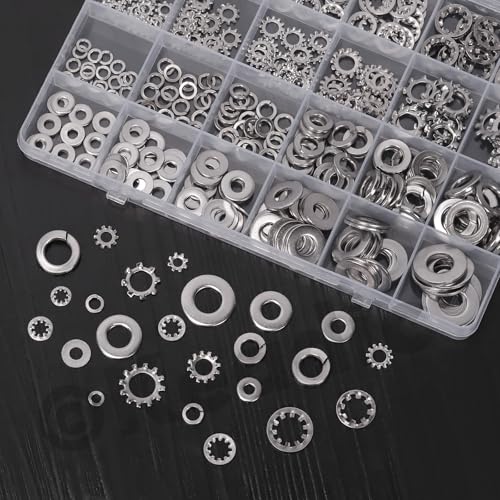 Keadic 400Pcs Split Lock Washer & External & Internal Star Washers and Flat Washer Assortment Kit, 304 Stainless Steel Spring Lock Washers Set- #6,#8,#10,1/4" 5/16" 3/8"(Imperial) Imperial