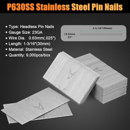 P630SS 23 Gauge Stainless Steel Pin Nails 1-3/16"(30mm), 9,000 PCS 1-3/16"