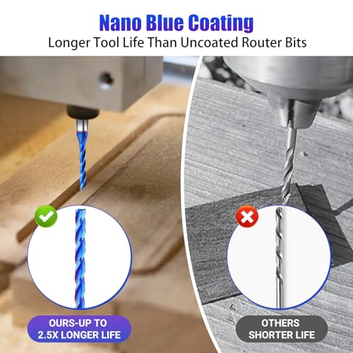 CNC Router Bits 1/8'' Cutting Dia 1/4 inch Shank Upcut Spiral Router Bit, 2PCS 3-Flutes Extra Long Carbide End Mills with Coating for Wood PVC Engraving 1-1/4'' Cutting Length Spiral Router Bits 2