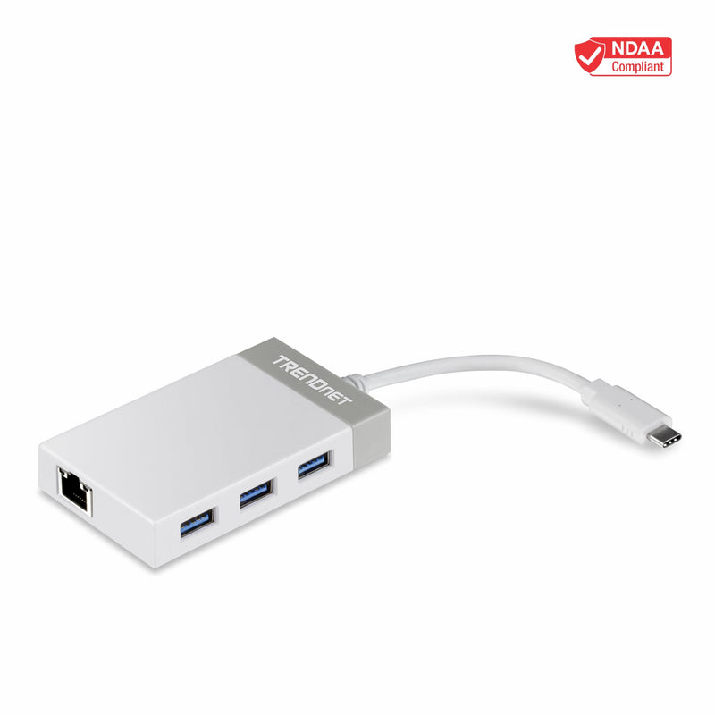 TRENDnet USB C to Ethernet Gigabit Adapter, TUC-ETGH3, Compact USB Type C Hub, 3 x USB 3.0 Ports, 1 x RJ-45 Gigabit Ethernet Port, Windows and Mac Compatible, White USB-C 1 x Gigabit| 3 x USB